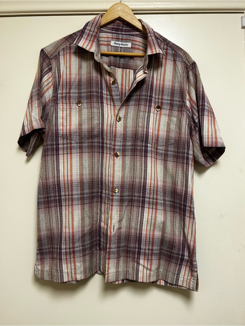Tommy Bahama Short Sleeve Plaid Shirt in Maroon and Cream